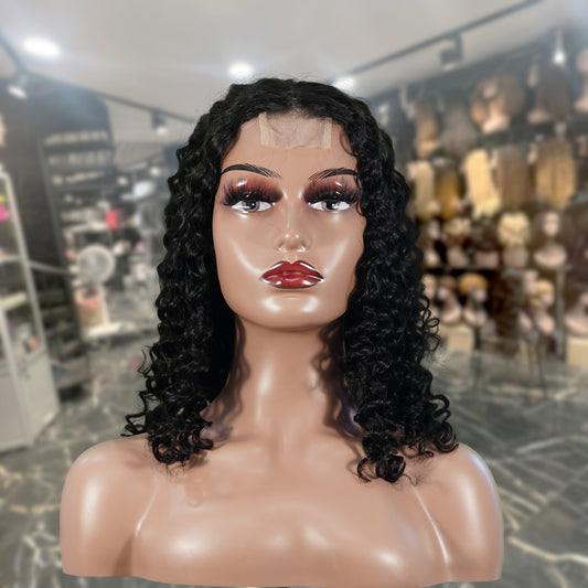 Center Wig Natural Black Remy Hair 2x6 Lace Closure Deep Wave Bob Human Hair Wig