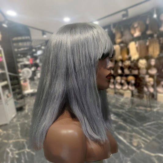 Center Wig Machine-Made Gray Wig Remy Hair 12p