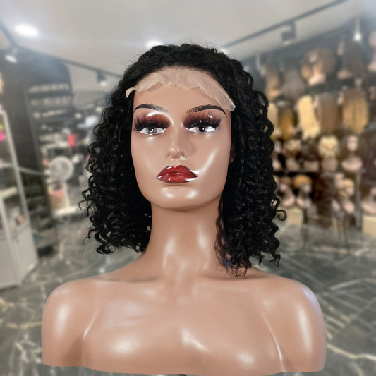 Center Wig Natural Black Remy Hair 5x5 Lace Closure Jerry Curly 12 Inch Bob Human Hair Wig