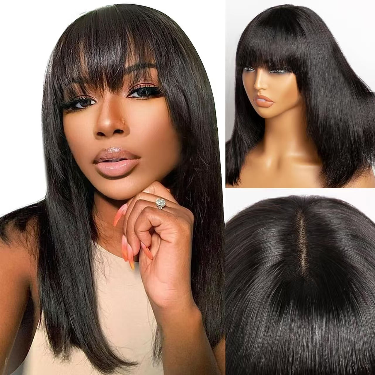 Center Wig Straight Machine Bangs Wig Remy Hair