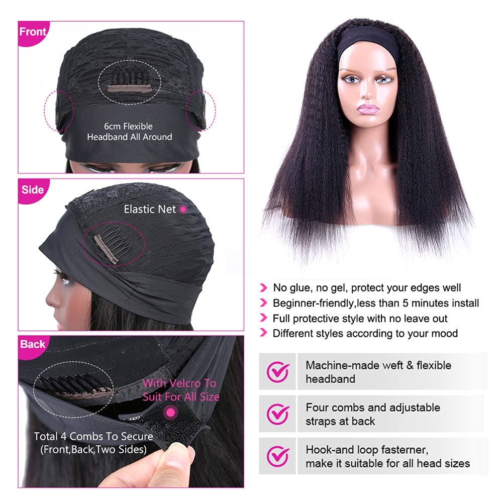 Center Wig Yaki Straight Headband Wig Remy Hair
