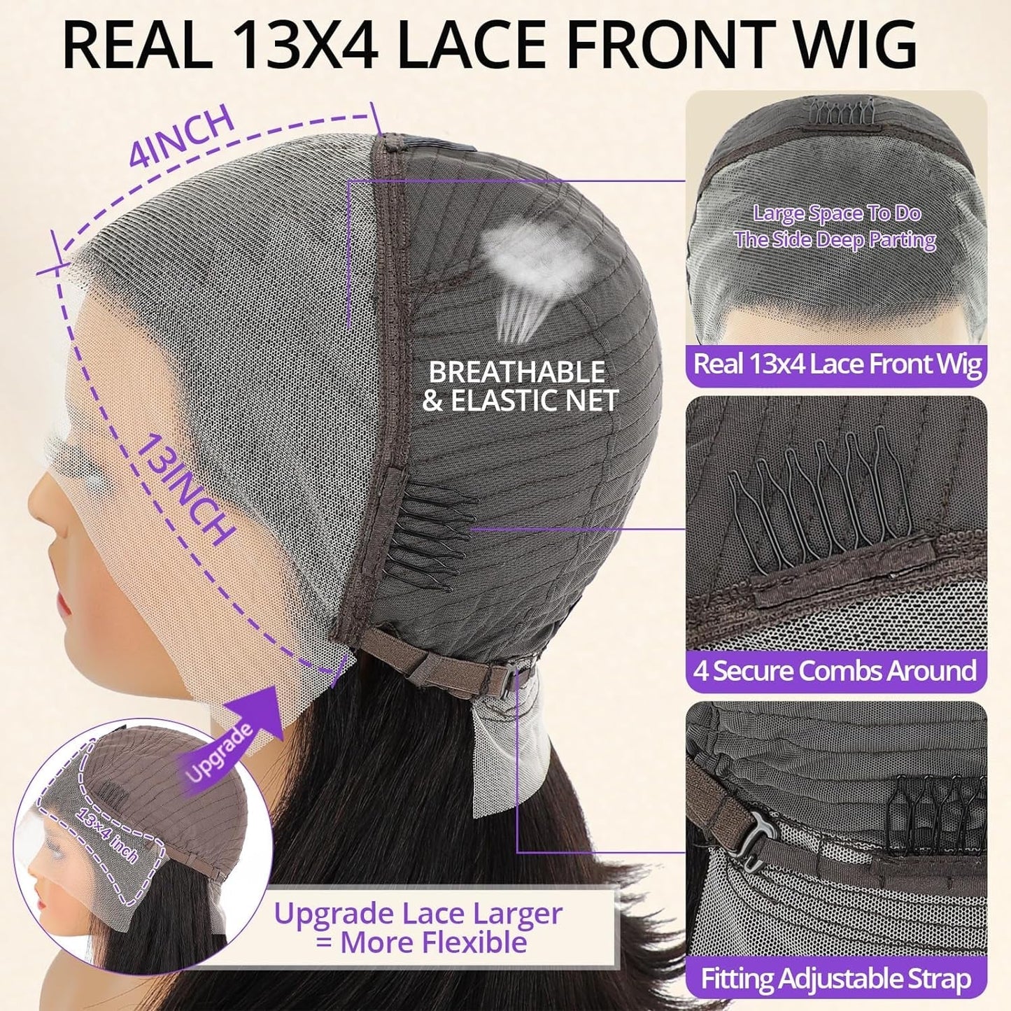 Center Wig 13x4 Straight Lace Front Wig Natural Black Remy Hair Bob