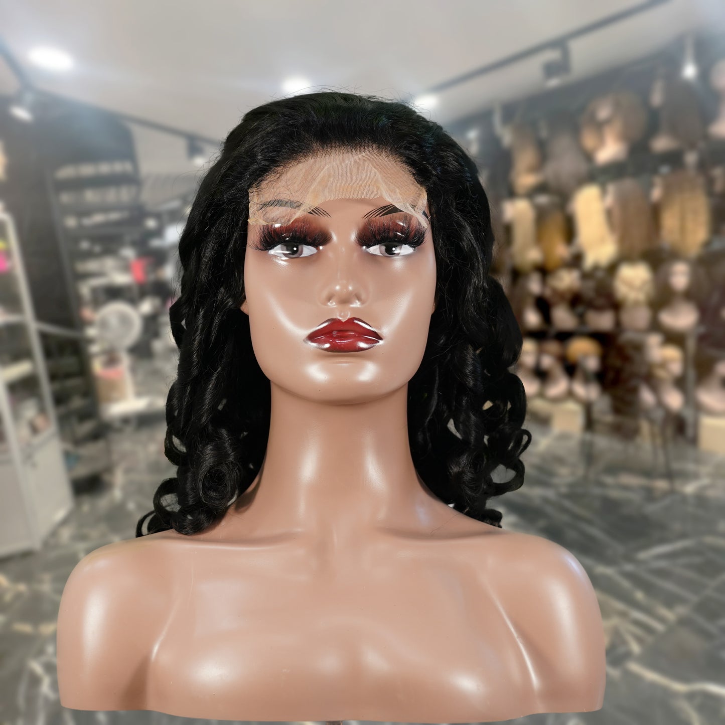 Center Wig Natural Black Remy Hair 5x5 Lace Closure Bouncy Curls Human Hair Wig