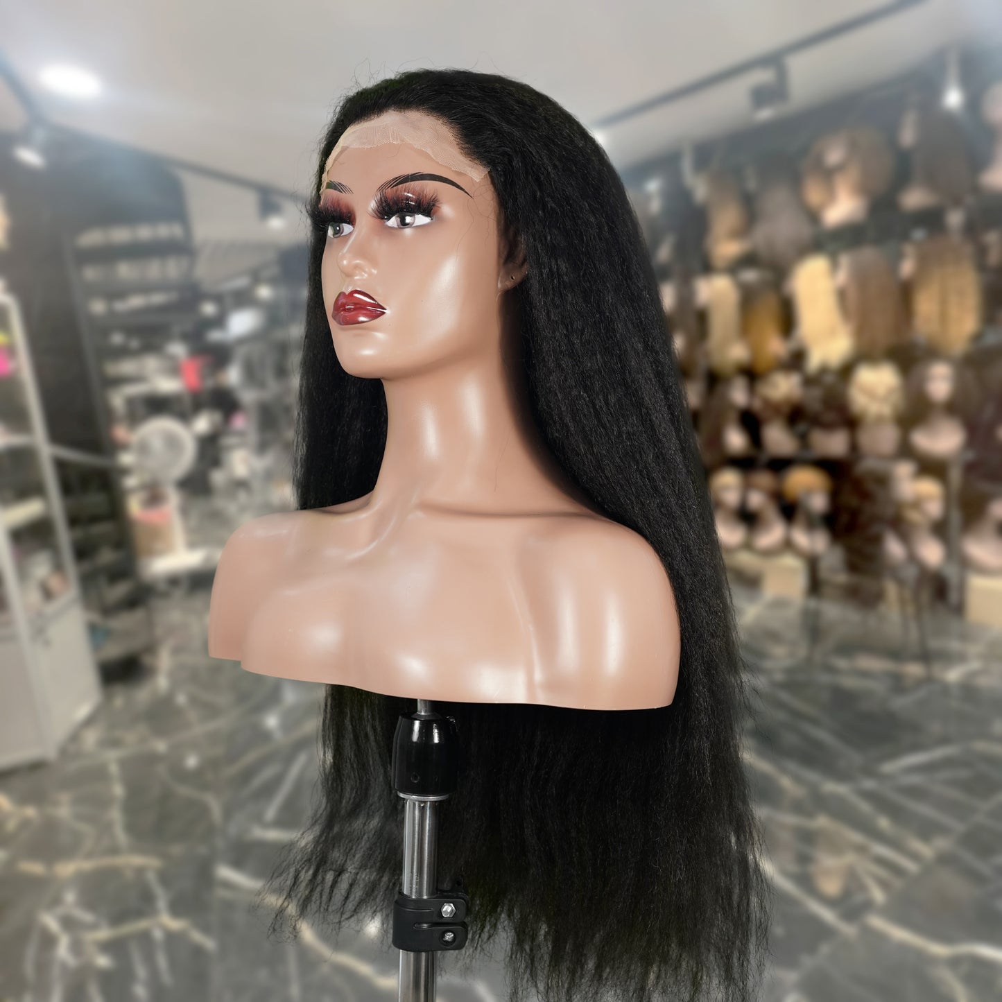 Center Wig Natural Black Remy Hair 6x7 Lace Closure Yaki Straight Human Hair Wig