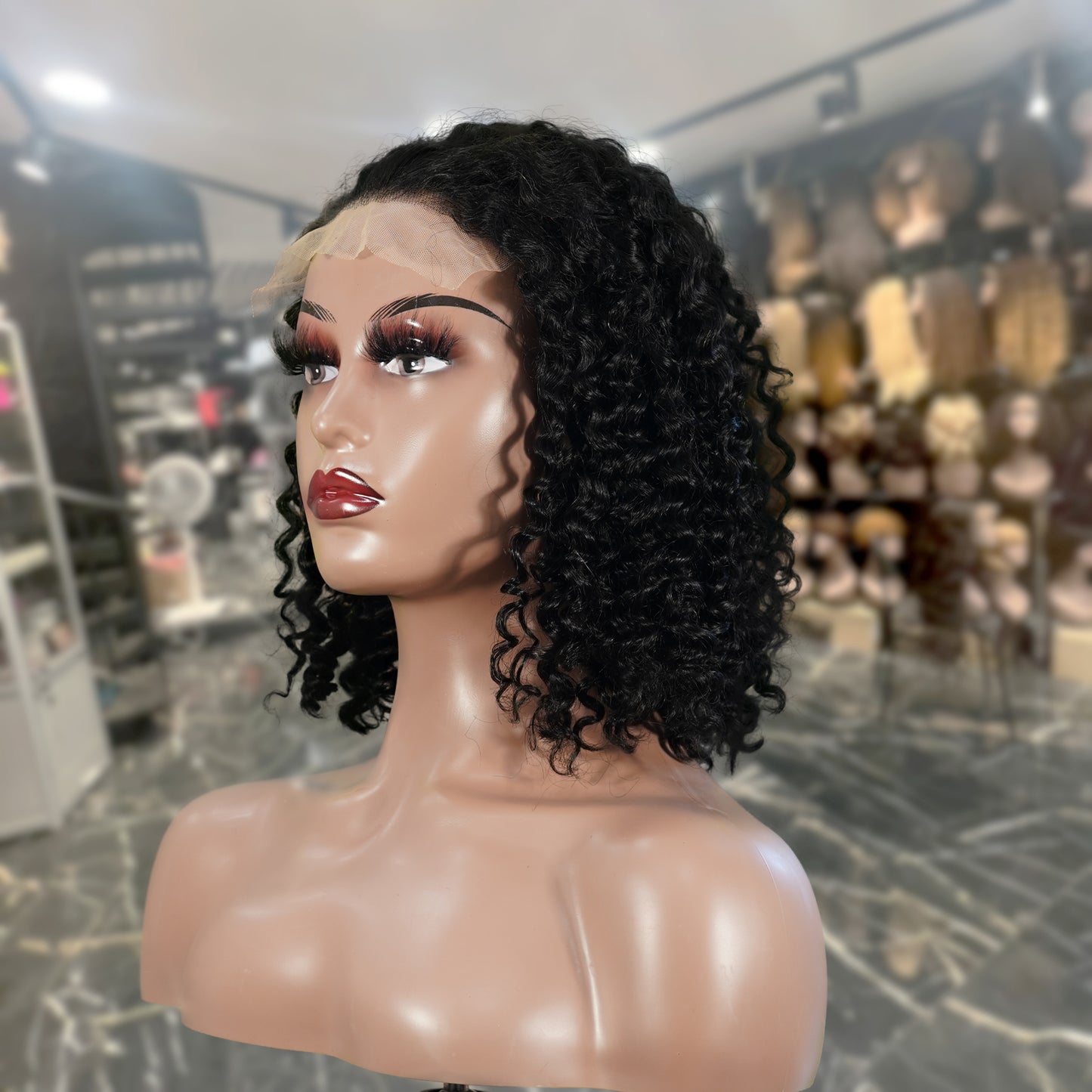 Center Wig Natural Black Remy Hair 5x5 Lace Closure Jerry Curly 12 Inch Bob Human Hair Wig