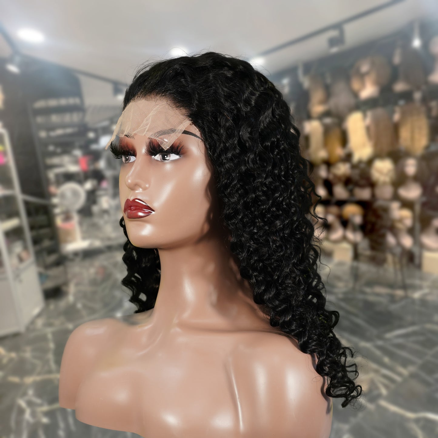 Center Wig Natural Black Remy Hair 5x5 Lace Closure Deep Wave Human Hair Wig