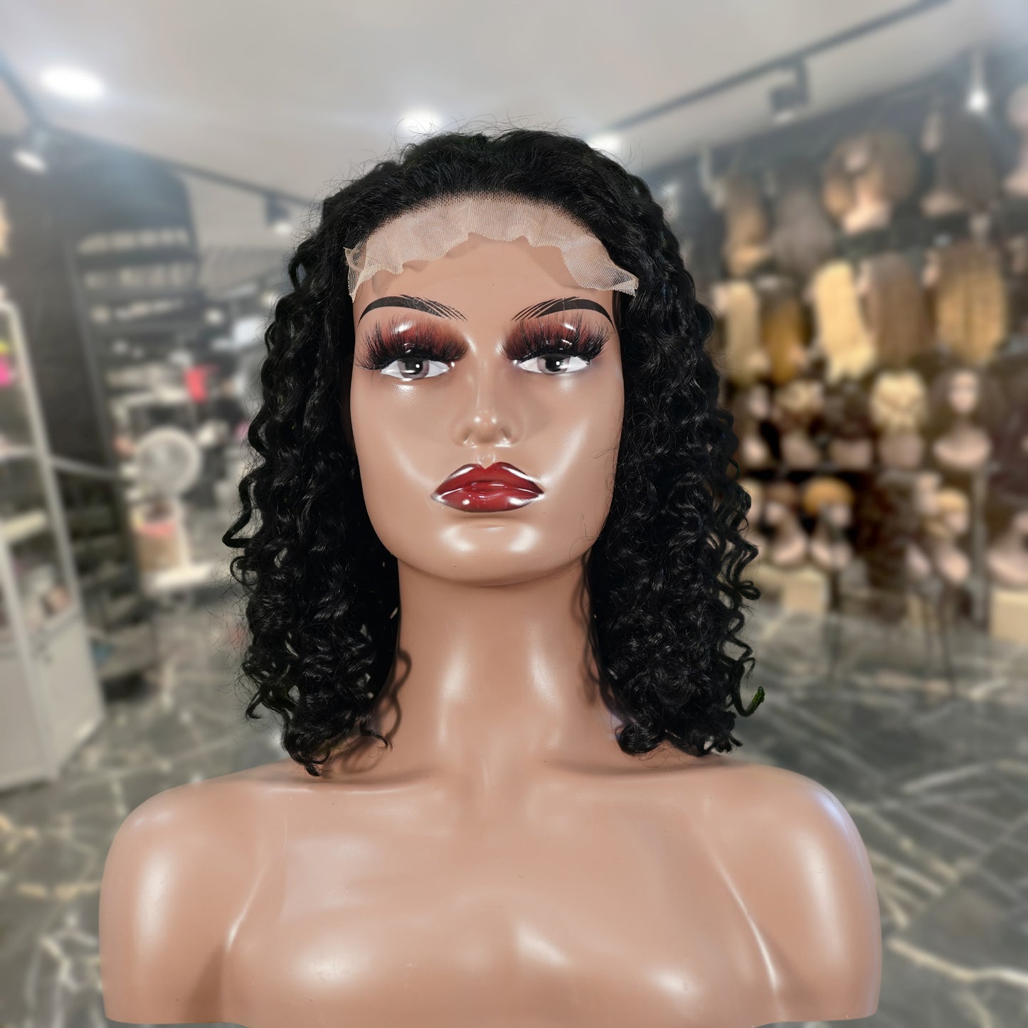 Center Wig Natural Black Remy Hair 5x5 Lace Closure Deep Wave 12 Inch Bob Human Hair Wig