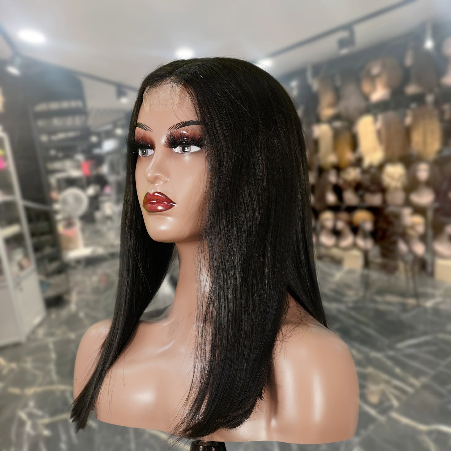 Center Wig Natural Black Asian Raw Hair 2x6 HD Lace Closure Straight Bob Human Hair Wig
