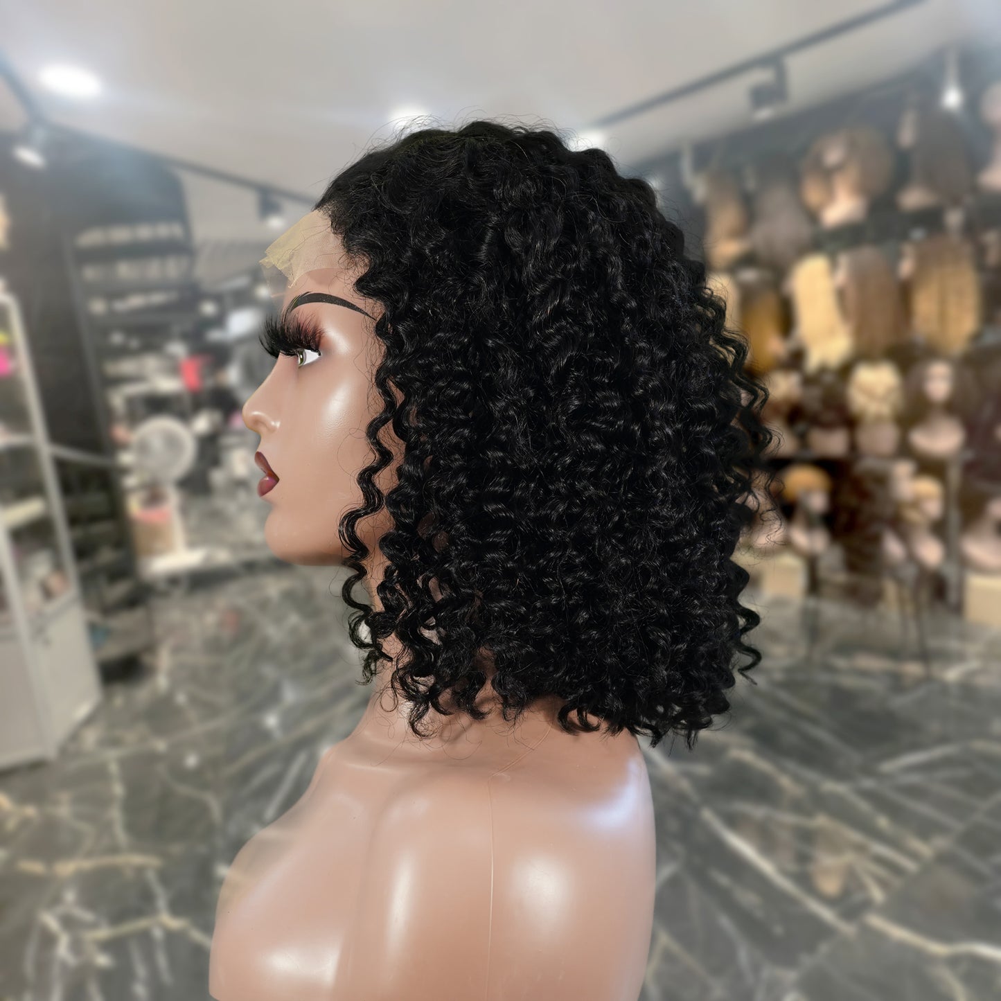Center Wig Natural Black Remy Hair 5x5 Lace Closure Jerry Curly 12 Inch Bob Human Hair Wig