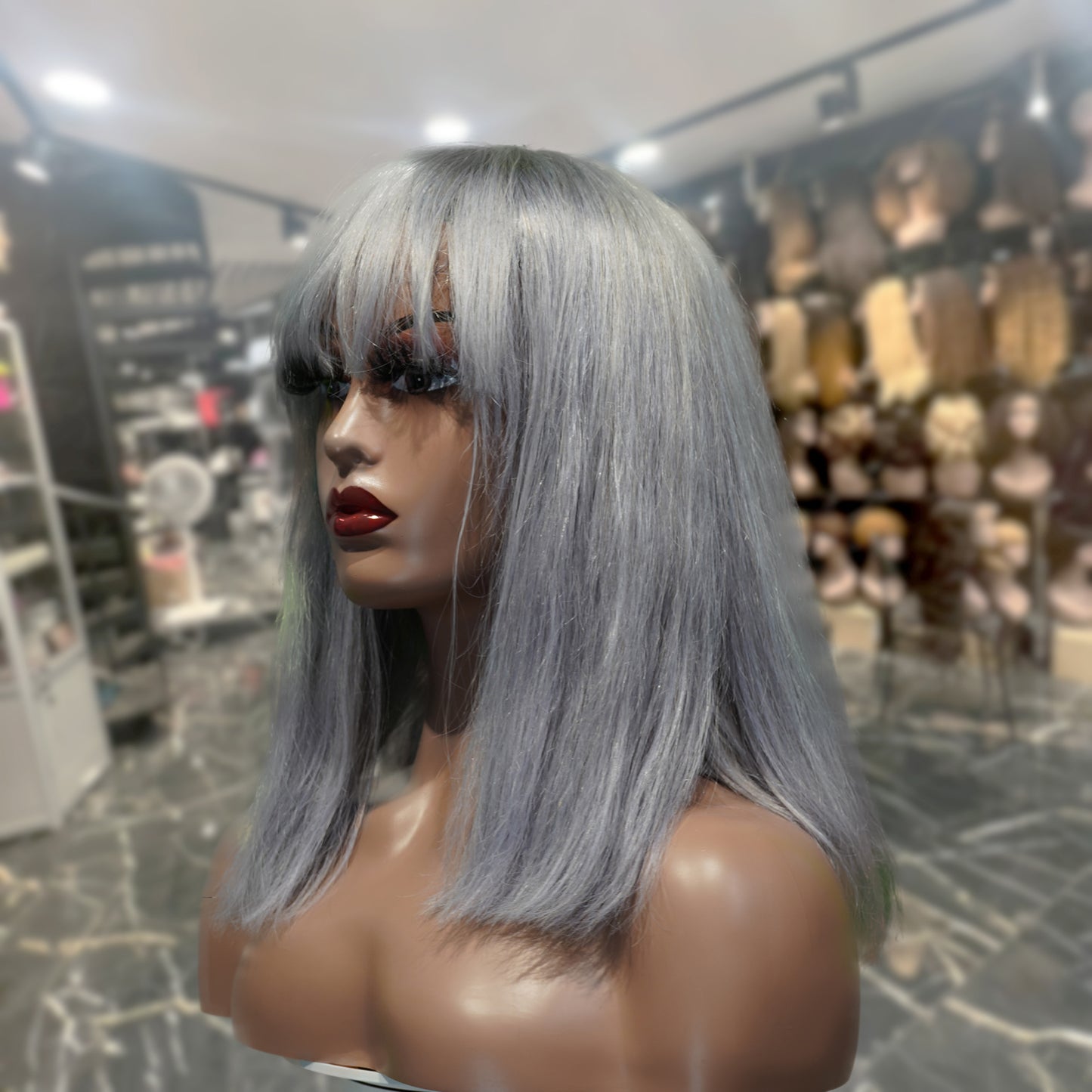 Center Wig Machine-Made Gray Wig Remy Hair 12p