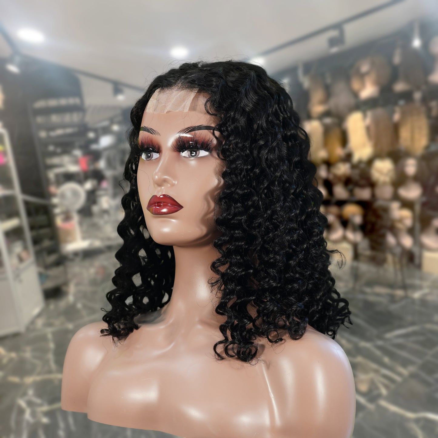 Center Wig Natural Black Remy Hair 2x6 Lace Closure Deep Wave Bob Human Hair Wig