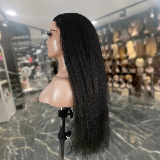 Center Wig Natural Black Remy Hair 6x7 Lace Closure Yaki Straight Human Hair Wig