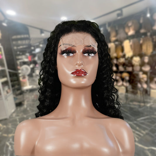 Center Wig Natural Black Remy Hair 5x5 Lace Closure Deep Wave Human Hair Wig