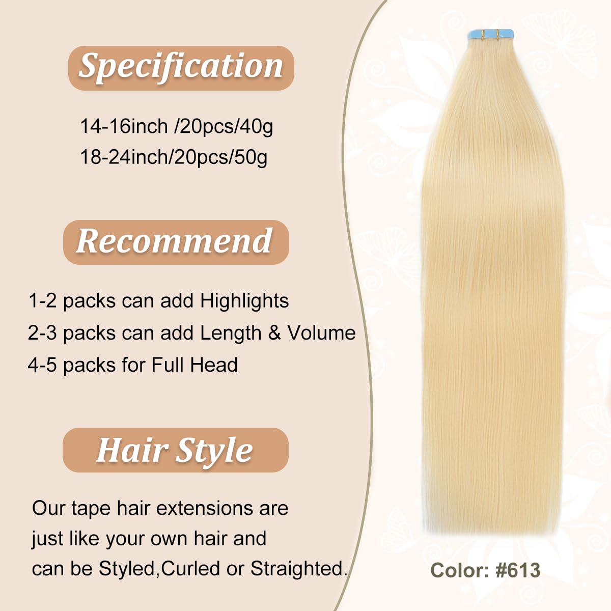 Center Wig Asian Raw Hair #613 Straight Tape In Hair Extensions