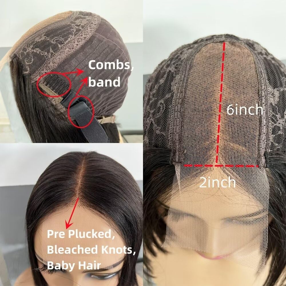 Center Wig Natural Black Remy Hair 2x6 Lace Closure Deep Wave Bob Human Hair Wig