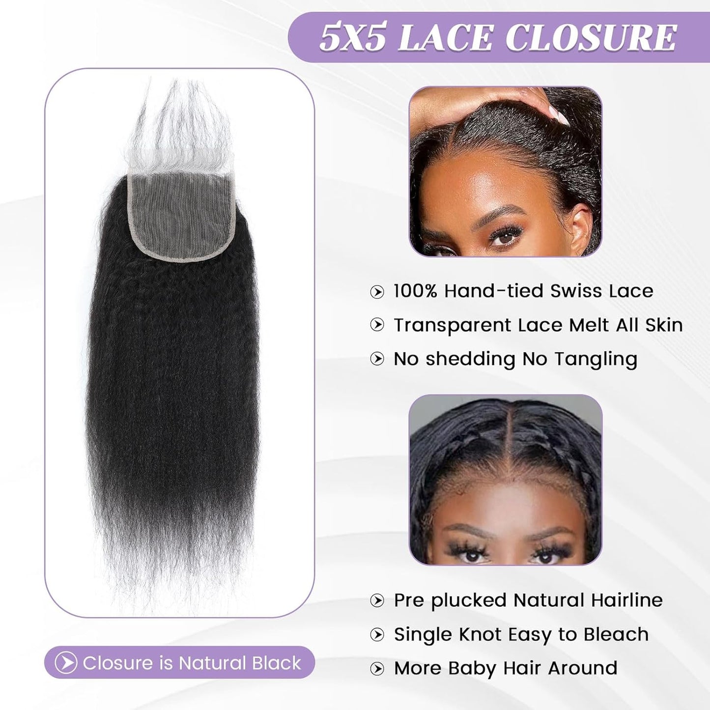 Center Wig Remy Hair 5x5 Yaki Straight Closure