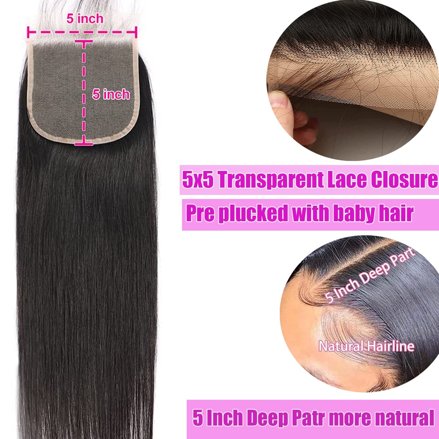 Center Wig Remy Hair 5x5 Closure