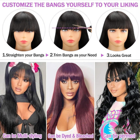 Center Wig 4x4 Straight Lace Bangs Wig Remy Hair