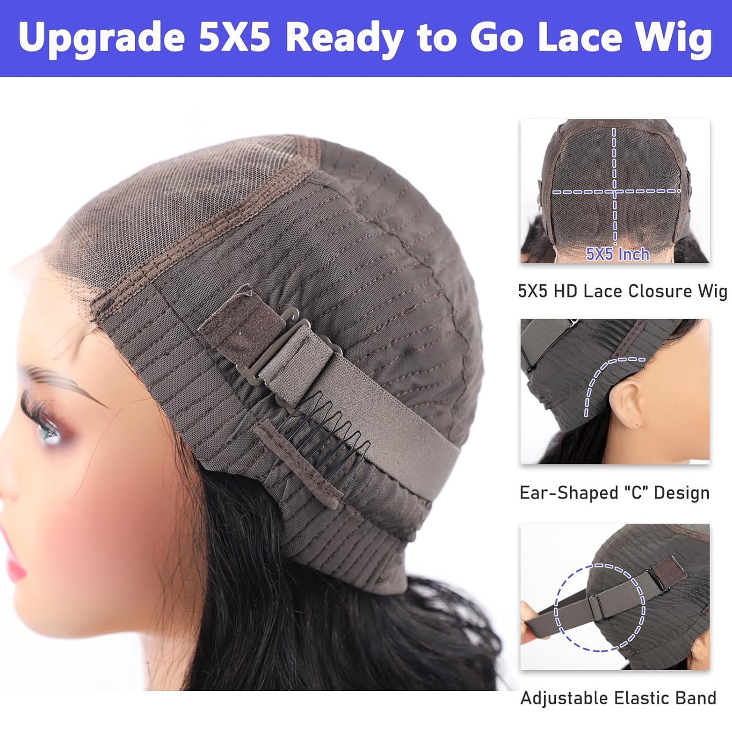 Center Wig Natural Black Remy Hair 5x5 Lace Closure Body Wave Human Hair Wig