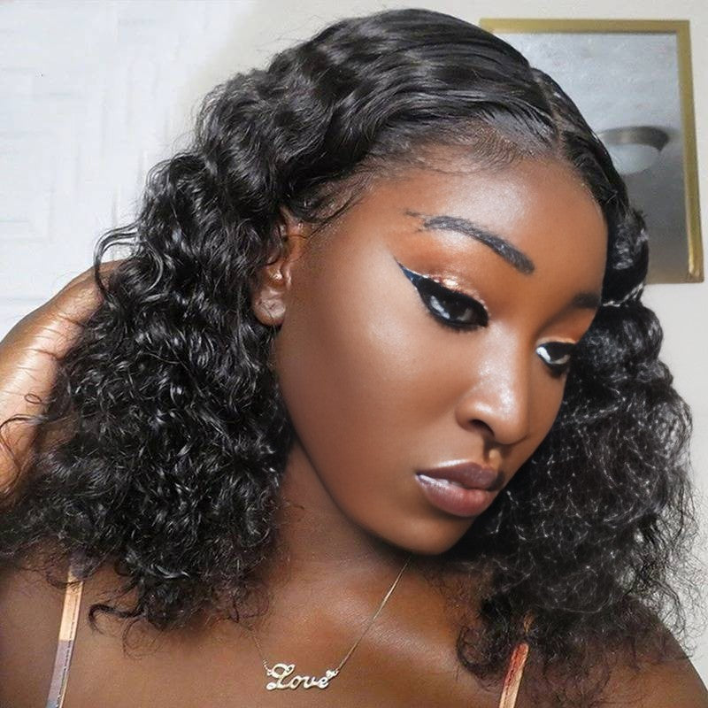 Center Wig Natural Black Remy Hair 5x5 Lace Closure Deep Wave 12 Inch Bob Human Hair Wig
