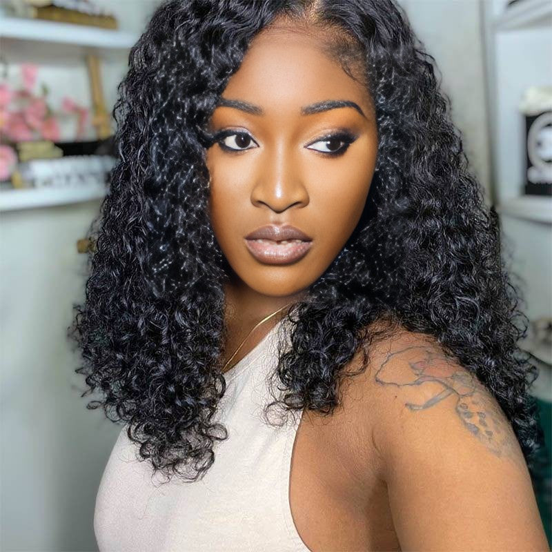 Center Wig Natural Black Remy Hair 2x6 Lace Closure Deep Wave Bob Human Hair Wig