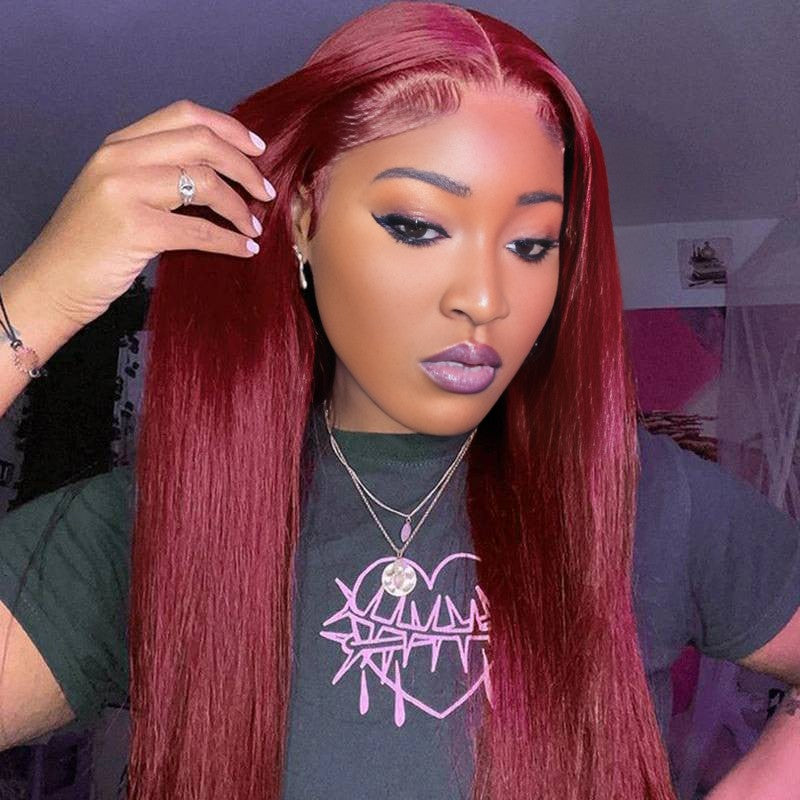 Center Wig 13x4 Straight Lace Front Wig 99J Color 26 Inch Remy Hair