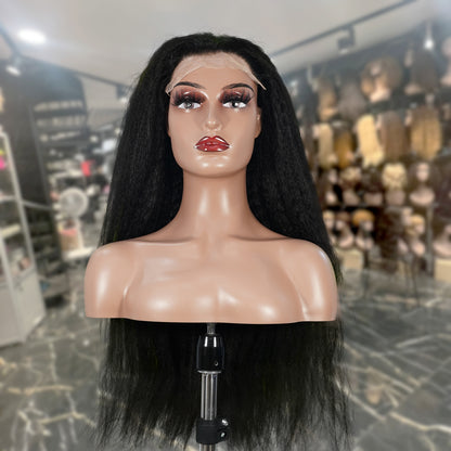 Center Wig Natural Black Remy Hair 6x7 Lace Closure Yaki Straight Human Hair Wig