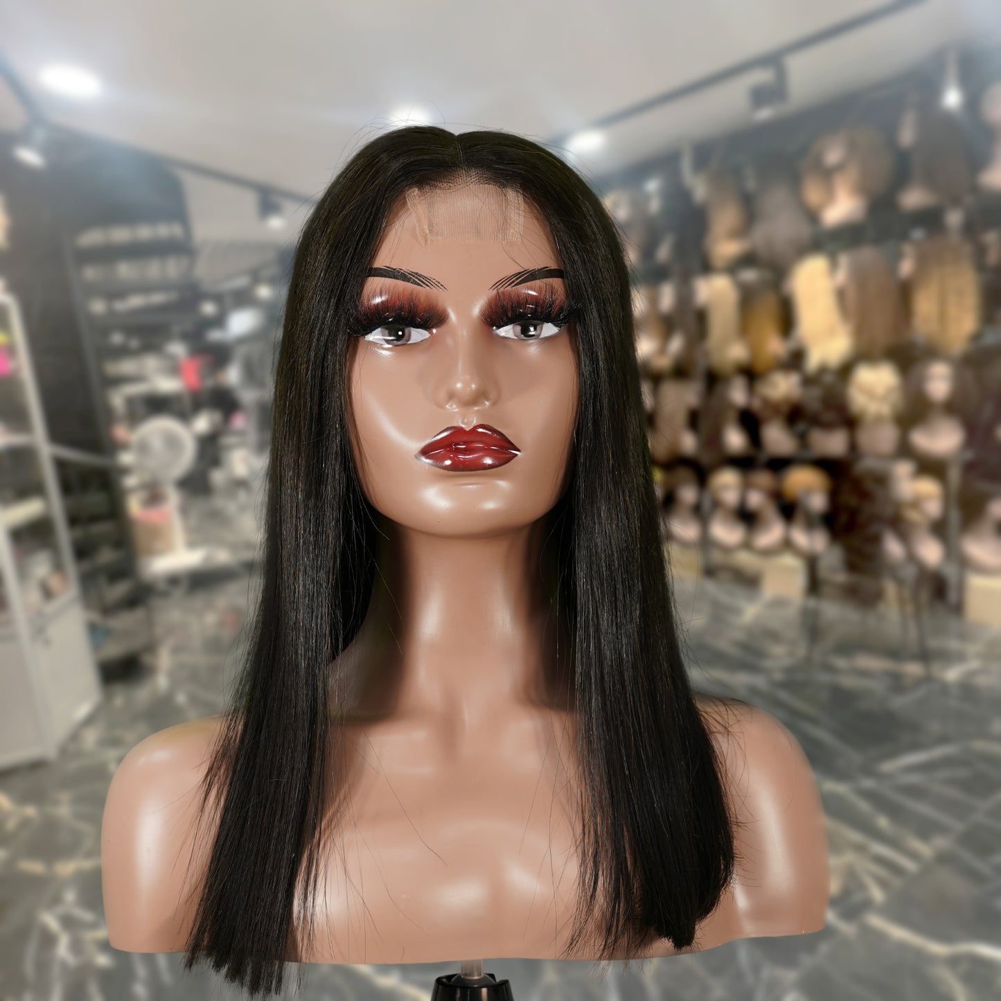 Center Wig Natural Black Asian Raw Hair 2x6 HD Lace Closure Straight Bob Human Hair Wig