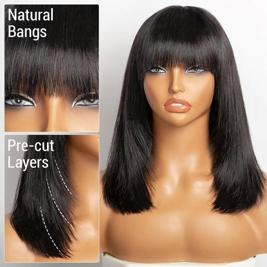 Center Wig Straight Machine Bangs Wig Remy Hair