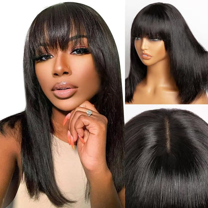 Center Wig Straight Machine Bangs Wig Remy Hair