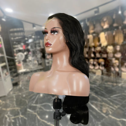 Center Wig Natural Black Asian Raw Hair 13x6 HD Lace Front Wig Body Wave Human Hair Wig