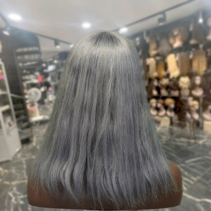 Center Wig Machine-Made Gray Wig Remy Hair 12p
