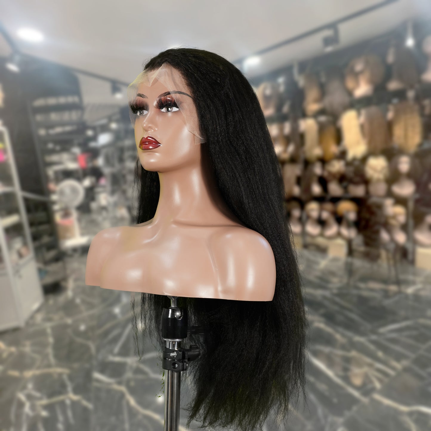 Center Wig 13x4 Yaki Straight Lace Front Wig Black Remy Hair