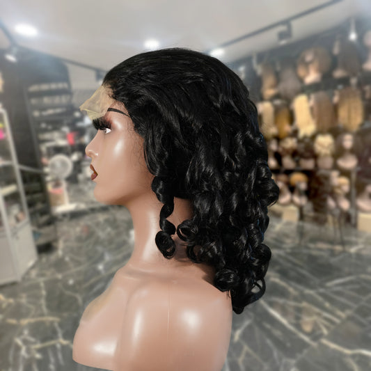 Center Wig Natural Black Remy Hair 5x5 Lace Closure Bouncy Curls Human Hair Wig