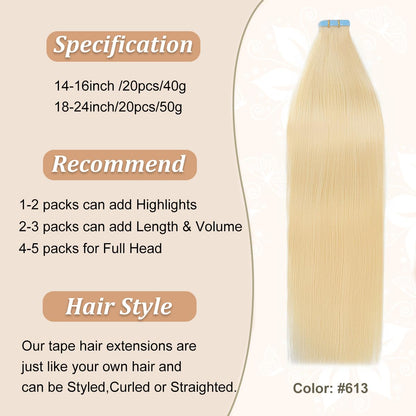 Center Wig Asian Raw Hair #613 Straight Tape In Hair Extensions