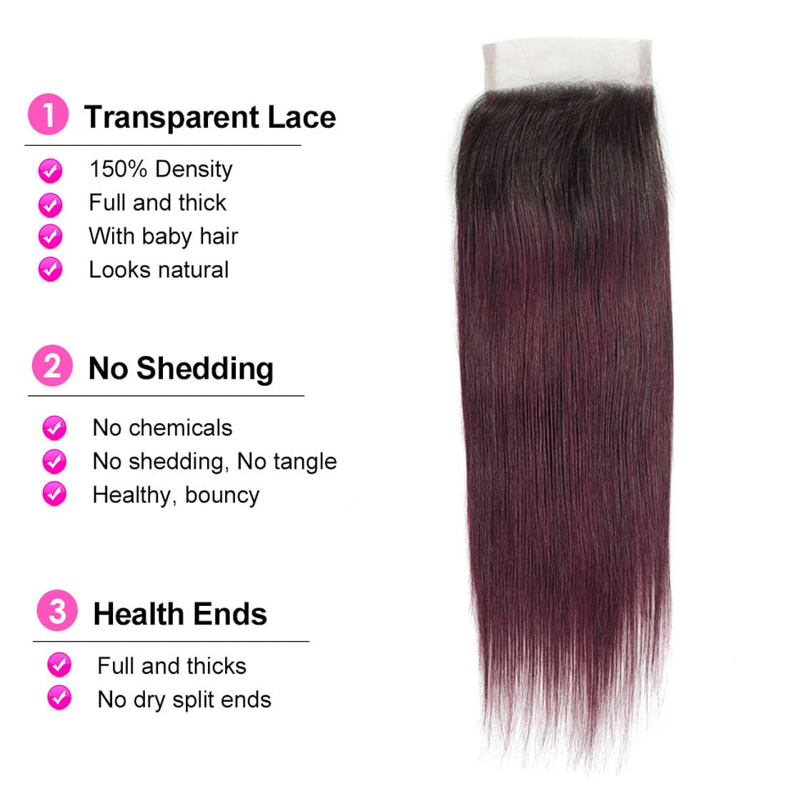 Center Wig Remy Hair 4x4 Straight Closure 1b99j