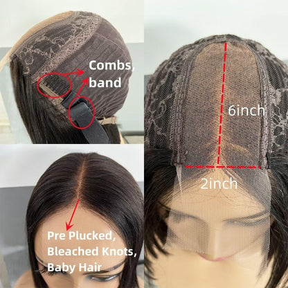 Center Wig Natural Black Asian Raw Hair 2x6 HD Lace Closure Straight Bob Human Hair Wig