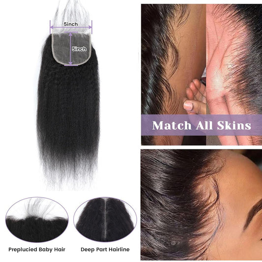 Center Wig Remy Hair 5x5 Yaki Straight Closure
