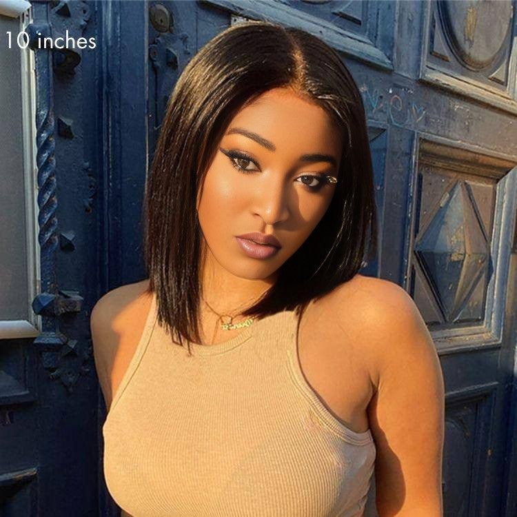 Center Wig Natural Black Asian Raw Hair 2x6 HD Lace Closure Straight Bob Human Hair Wig