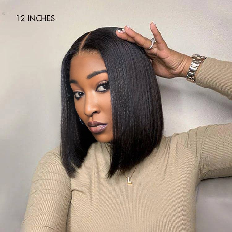 Center Wig Natural Black Remy Hair 5x5 Lace Closure Straight Bob Human Hair Wig