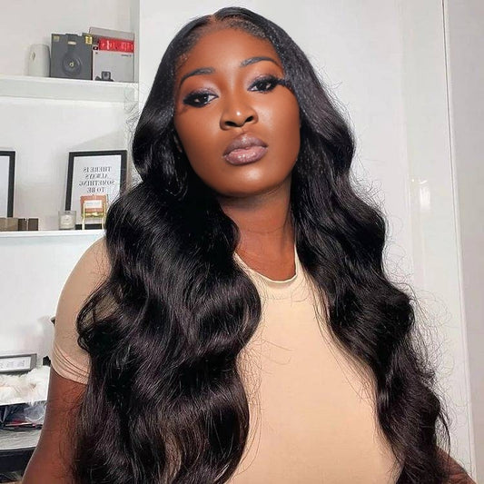 Center Wig Natural Black Asian Raw Hair 13x6 HD Lace Front Wig Body Wave Human Hair Wig