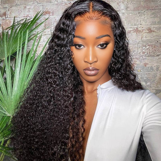 Center Wig 13x4 Kinky Curly Lace Front Wig Natural Black Remy Hair