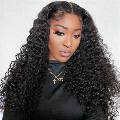 Center Wig 13x4 Deep Wave Lace Front Wig Natural Black Remy Hair