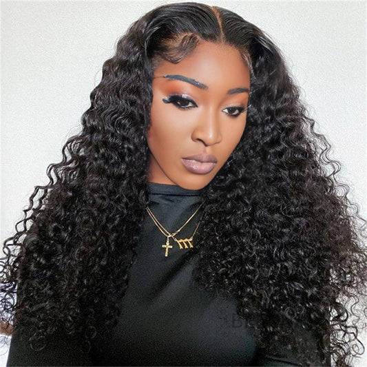 Center Wig 13x4 Deep Wave Lace Front Wig Natural Black Remy Hair
