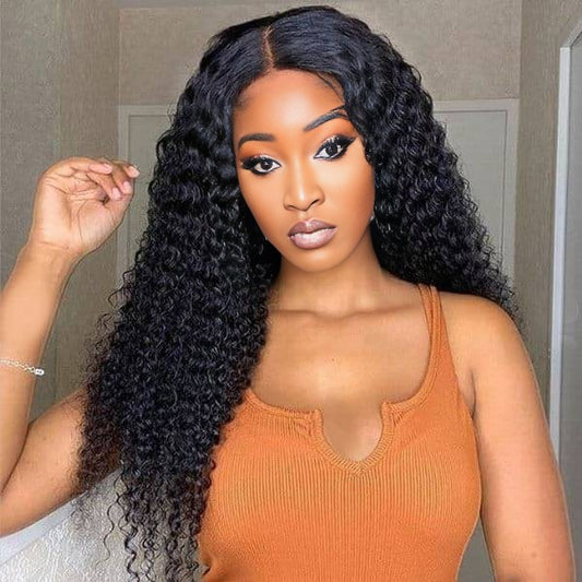 Center Wig Natural Black Remy Hair 5x5 Lace Closure Deep Wave Human Hair Wig