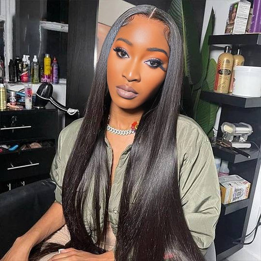 Center Wig 13x4 Straight Lace Front Wig Natural Black Remy Hair