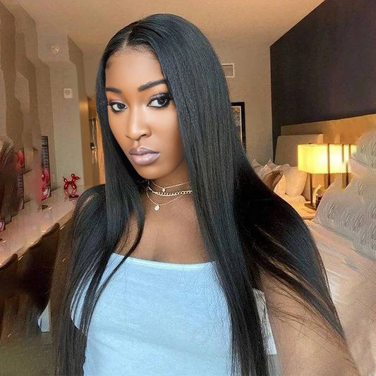 Center Wig Natural Black Remy Hair 6x7 Lace Closure Straight Human Hair Wig