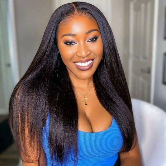 Center Wig Natural Black Remy Hair 6x7 Lace Closure Yaki Straight Human Hair Wig