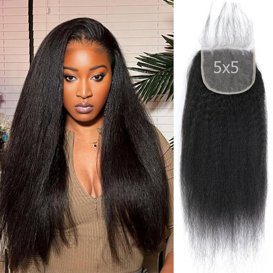 Center Wig Remy Hair 5x5 Yaki Straight Closure