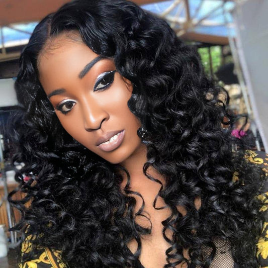 Center Wig Natural Black Remy Hair 5x5 Lace Closure Bouncy Curls Human Hair Wig